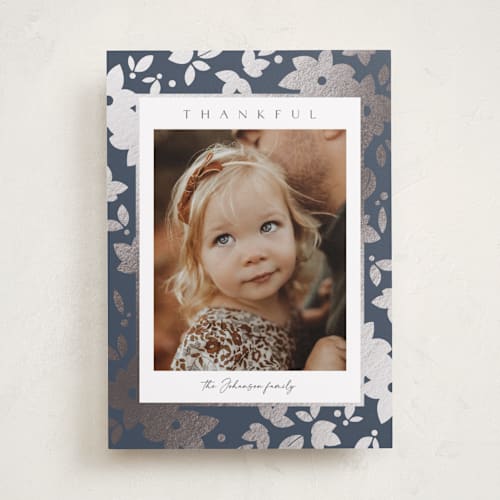 This is a slate thanksgiving cards invitations with foil pressed by Emily Sabol Goss called flora printing on recycled smooth signature in standard