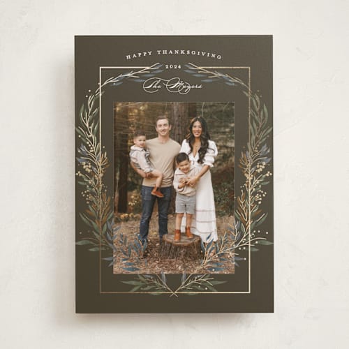 This is a chestnut thanksgiving cards invitations with foil pressed by Susan Zinader called thanksgiving crest printing on recycled smooth signature in standard