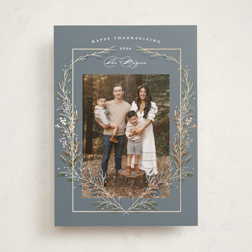 This is a slate thanksgiving cards invitations with foil pressed by Susan Zinader called thanksgiving crest printing on recycled smooth signature in standard