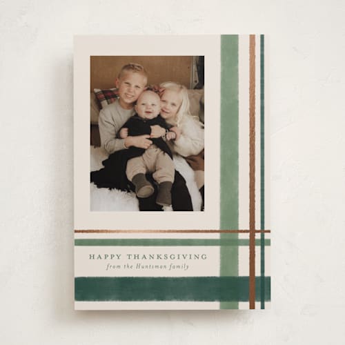 This is a pine thanksgiving cards invitations with foil pressed by Kacey Kendrick Wagner called deconstructed plaid printing on recycled smooth signature in standard