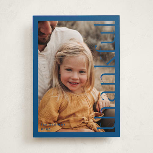 This is a navy thanksgiving cards invitations with standard by Liz Conley called thankful side printing on recycled smooth signature in standard
