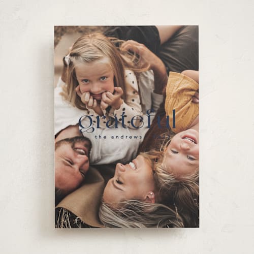 This is a navy thanksgiving cards invitations with standard by Liz Conley called gratefully centered printing on recycled smooth signature in standard