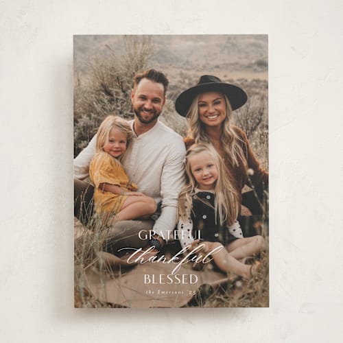 This is a snow thanksgiving cards invitations with standard by Emily Betts called grateful thankful blessed printing on recycled smooth signature in standard