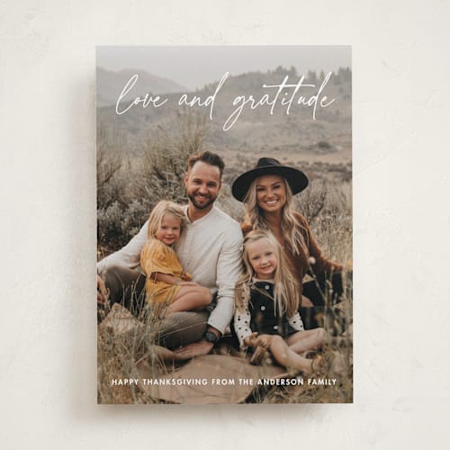 This is a latte thanksgiving cards invitations with standard by Katherine Moynagh called love and gratitude printing on recycled smooth signature in standard