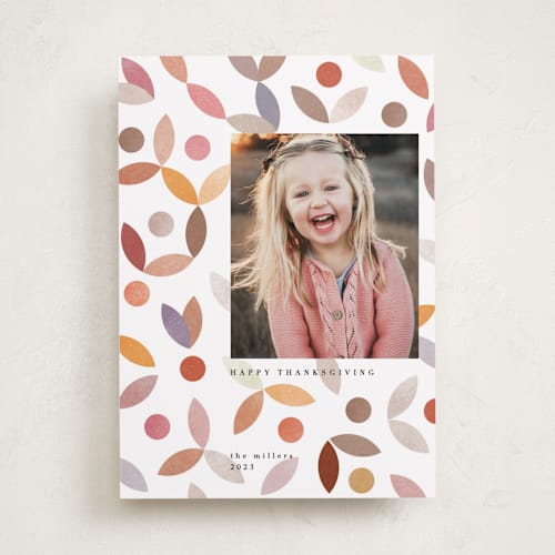 This is a abundance thanksgiving cards invitations with standard by Sumak Studio called geometrical leaves and fruits printing on recycled smooth signature in standard