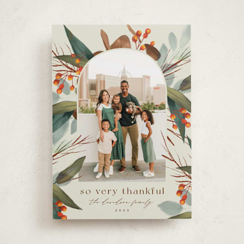 This is a toasted almond thanksgiving cards invitations with standard by Keen Peachy called autumn botanical frame printing on recycled smooth signature in standard