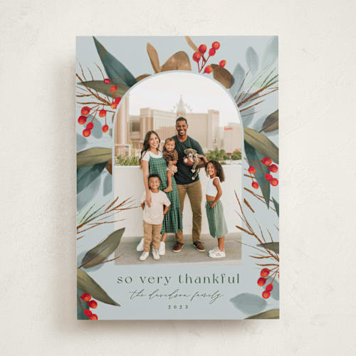 This is a smoke blue thanksgiving cards invitations with standard by Keen Peachy called autumn botanical frame printing on recycled smooth signature in standard