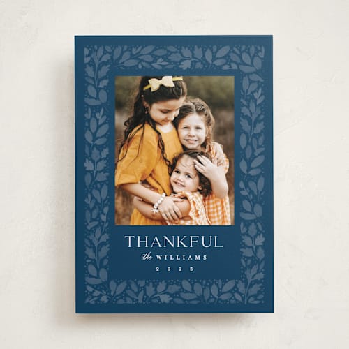 This is a navy thanksgiving cards invitations with standard by Robert and Stella called leaf frame printing on recycled smooth signature in standard