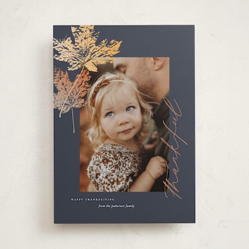 This is a denim thanksgiving cards invitations with standard by Eric Clegg called falling leaves printing on recycled smooth signature in standard