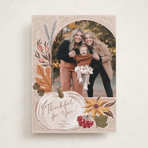 This is a buttercream thanksgiving cards invitations with standard by Hanna Symonovych called thanksgiving pumpkin and gold printing on recycled smooth signature in standard