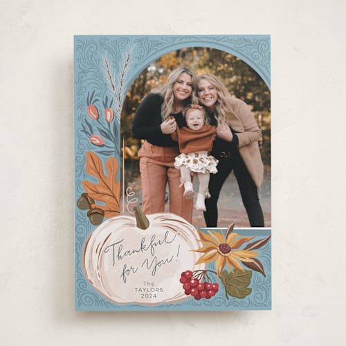 This is a sky thanksgiving cards invitations with standard by Hanna Symonovych called thanksgiving pumpkin and gold printing on recycled smooth signature in standard
