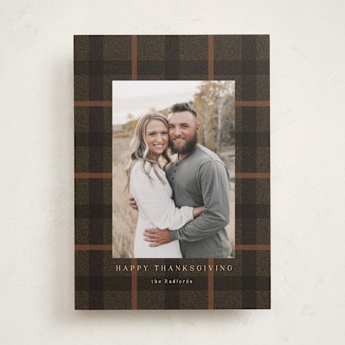 This is a cocoa thanksgiving cards invitations with standard by Baumbirdy called fall plaid printing on recycled smooth signature in standard