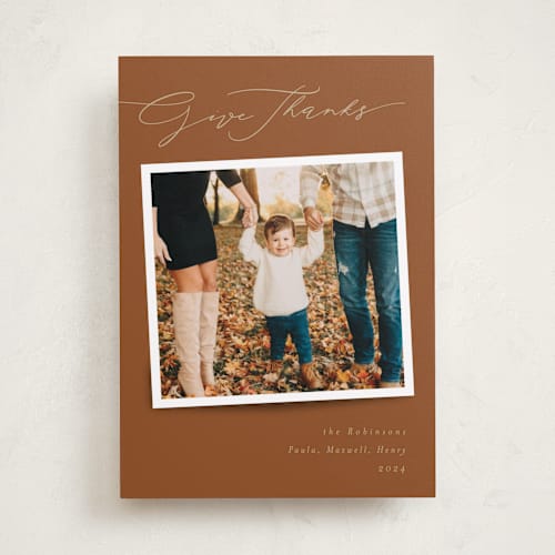 This is a nutmeg thanksgiving cards invitations with standard by Kate Ross called give thanks script printing on recycled smooth signature in standard