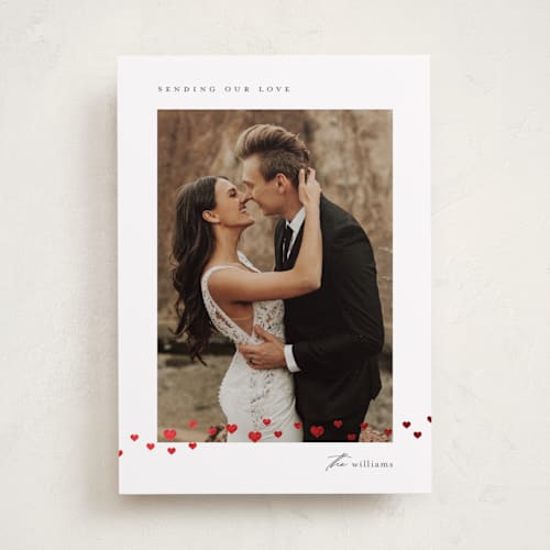 This is a cotton foil stamped valentine cards with foil pressed by Stacey Meacham called sprinkled hearts printing on recycled smooth signature in standard