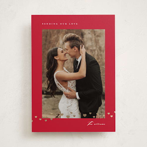 This is a ruby foil stamped valentine cards with foil pressed by Stacey Meacham called sprinkled hearts printing on recycled smooth signature in standard