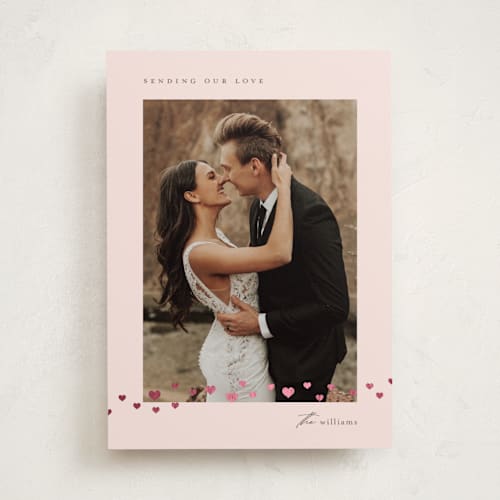 This is a ballet slipper foil stamped valentine cards with foil pressed by Stacey Meacham called sprinkled hearts printing on recycled smooth signature in standard