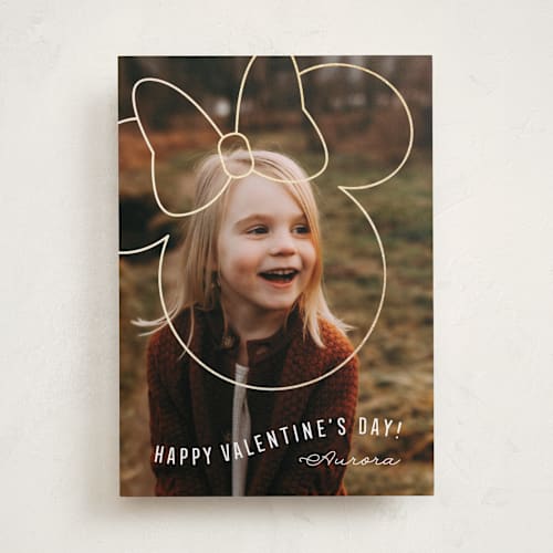 This is a poppy foil stamped valentine cards with foil pressed by Leia Matt called disney minnie mouse let's shine bright printing on recycled smooth signature in standard