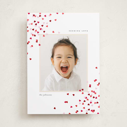 This is a cotton foil stamped valentine cards with foil pressed by Ellen Schlegelmilch called scattered heart confetti printing on recycled smooth signature in standard