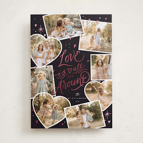 This is a midnight foil stamped valentine cards with foil pressed by Stephanie Hawkes called love is all around printing on recycled smooth signature in standard