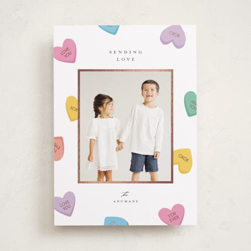 This is a pastel foil stamped valentine cards with foil pressed by Ellen Schlegelmilch called candy hearts printing on recycled smooth signature in standard