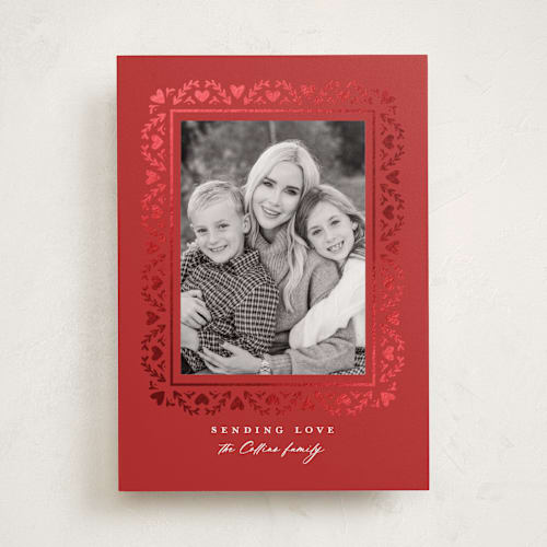 This is a cherry foil stamped valentine cards with foil pressed by Laura Hankins called fancy frame printing on recycled smooth signature in standard
