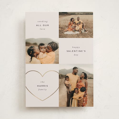 This is a linen foil stamped valentine cards with foil pressed by Kristin Oliversen called triple photo valentine printing on recycled smooth signature in standard