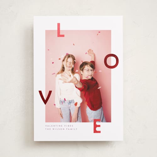This is a lilac foil stamped valentine cards with foil pressed by Megan Cash called valentine vibes printing on recycled smooth signature in standard
