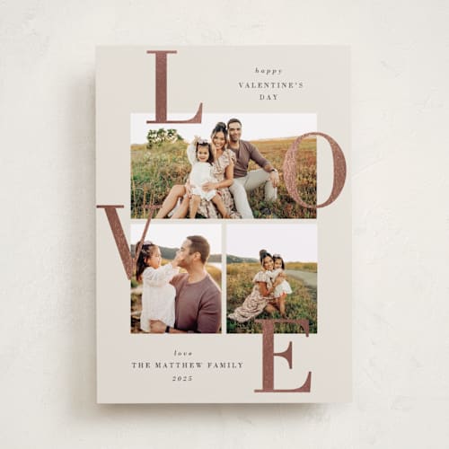This is a latte foil stamped valentine cards with foil pressed by Oma N. Ramkhelawan called scattered love printing on recycled smooth signature in standard