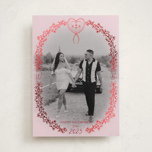 This is a blush foil stamped valentine cards with foil pressed by Studio Sauvage called framed with hearts printing on recycled smooth signature in standard