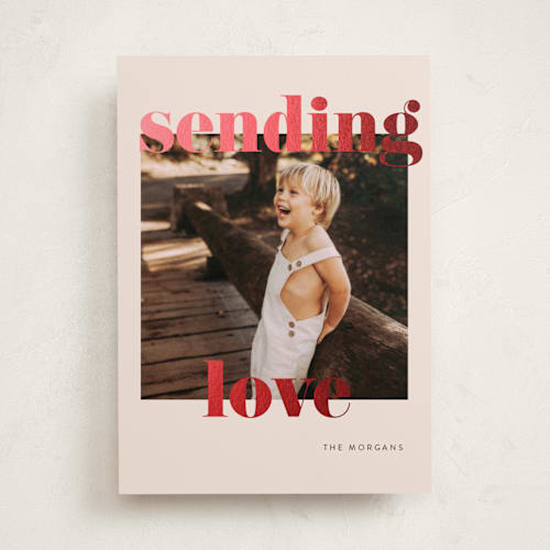 This is a peach foil stamped valentine cards with foil pressed by Angela Thompson called joyful & bright printing on recycled smooth signature in standard