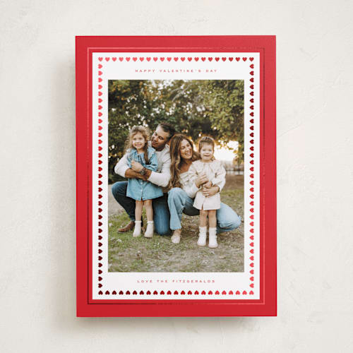 This is a cherry foil stamped valentine cards with foil pressed by Emily Sabol Goss called framed in hearts printing on recycled smooth signature in standard