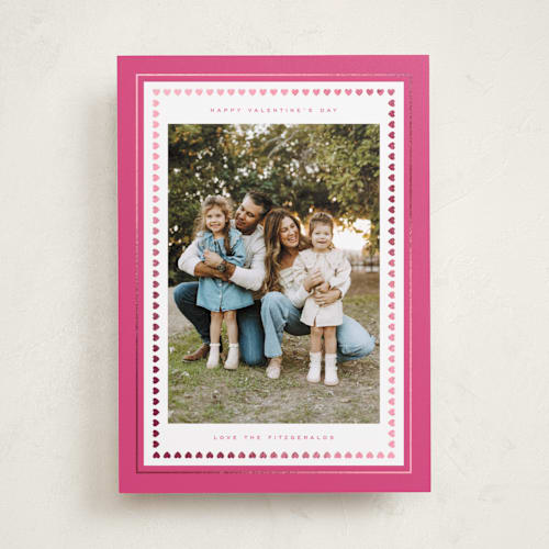 This is a flamingo foil stamped valentine cards with foil pressed by Emily Sabol Goss called framed in hearts printing on recycled smooth signature in standard