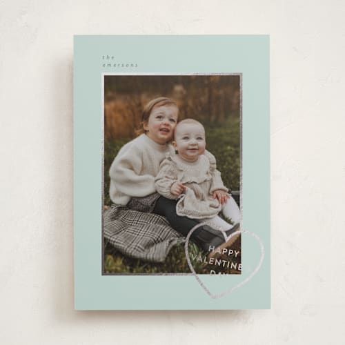 This is a mint foil stamped valentine cards with foil pressed by Deynaaz Daraei called pisak printing on recycled smooth signature in standard