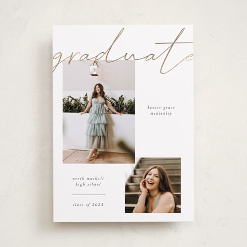This is a chalkboard graduation announcements with foil pressed by Kelly Ambrose called simple + script printing on recycled smooth signature in standard