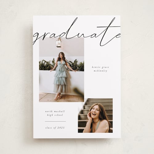 This is a chalkboard graduation announcements with standard by Kelly Watkins called simple + script printing on recycled smooth signature in standard