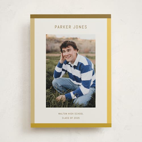 This is a golden graduation announcements with standard by Kelly Watkins called wide frame printing on recycled smooth signature in standard