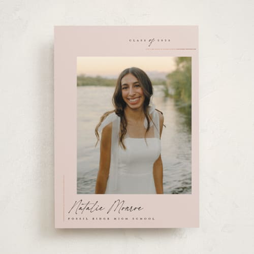 This is a blush graduation announcements with foil pressed by Carolyn Nicks called clean printing on recycled smooth signature in standard