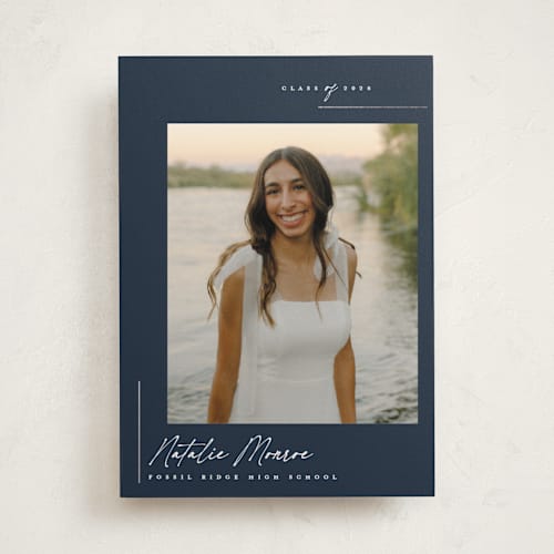 This is a navy graduation announcements with foil pressed by Carolyn Nicks called clean printing on recycled smooth signature in standard
