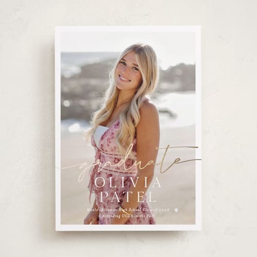 This is a snow graduation announcements with foil pressed by Sarah Curry called graduate script printing on recycled smooth signature in standard