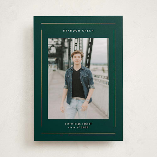 This is a forest green graduation announcements with foil pressed by Stacey Meacham called elegant minimalism printing on recycled smooth signature in standard