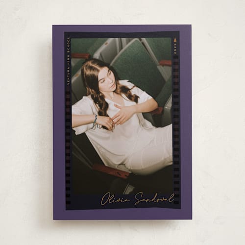 This is a plum graduation announcements with standard by Kamala Nahas called proof sheet printing on recycled smooth signature in standard