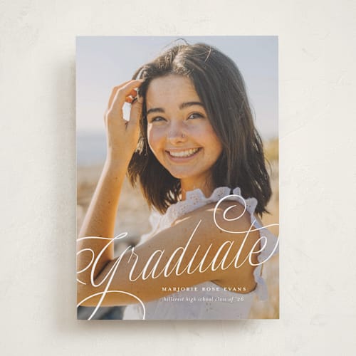 This is a cotton graduation announcements with standard by Carmia Jordaan called swooping printing on recycled smooth signature in standard