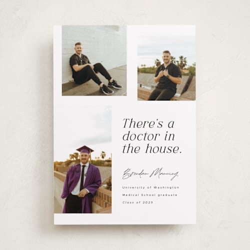 This is a domino graduation announcements with standard by Corinne Malesic called doctor in the house printing on recycled smooth signature in standard