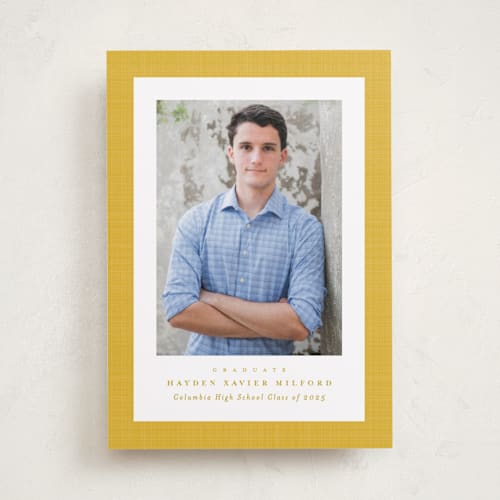 This is a marigold graduation announcements with standard by Lea Delaveris called linen frame printing on recycled smooth signature in standard