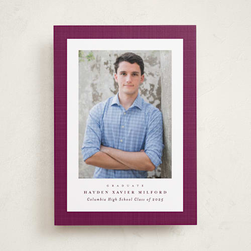 This is a berry graduation announcements with standard by Lea Delaveris called linen frame printing on recycled smooth signature in standard