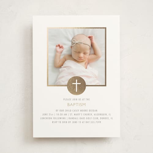 This is a champagne baptism and christening announcements with foil pressed by Erin Deegan called golden cross printing on signature in standard