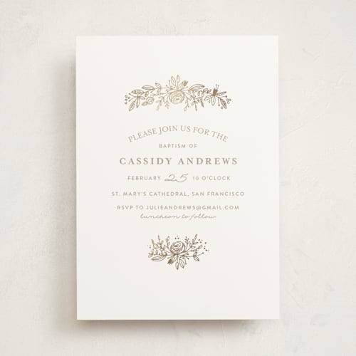 This is a golden baptism and christening announcements with foil pressed by Phrosné Barwood called perfect posey printing on signature in standard