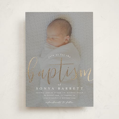 This is a snow baptism and christening announcements with foil pressed by Leah Bisch called sweet script printing on signature in standard