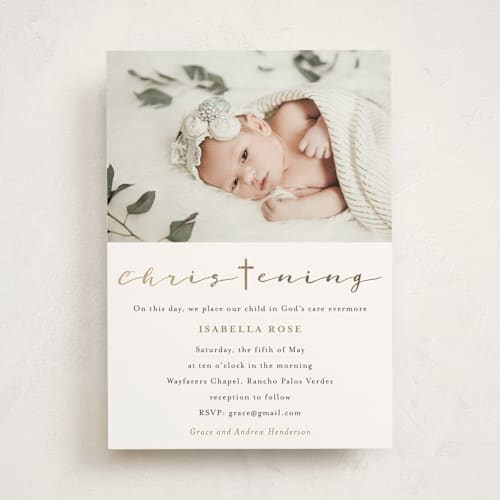 This is a powder baptism and christening announcements with foil pressed by Kampai Designs called blessed printing on signature in standard