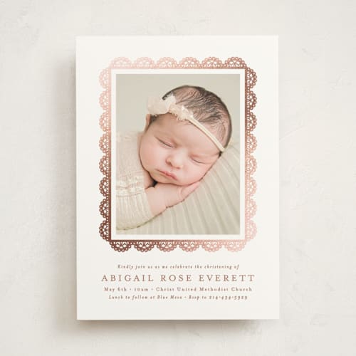 This is a purity baptism and christening announcements with foil pressed by Susan Asbill called gilded lace printing on signature in standard